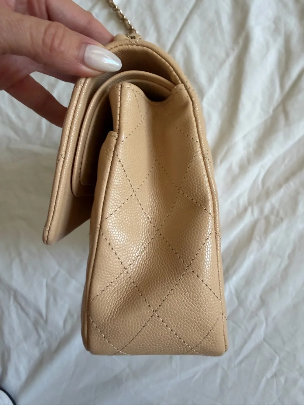 CHANEL Beige Quilted Medium Double Flap Bag with Gold Hardware